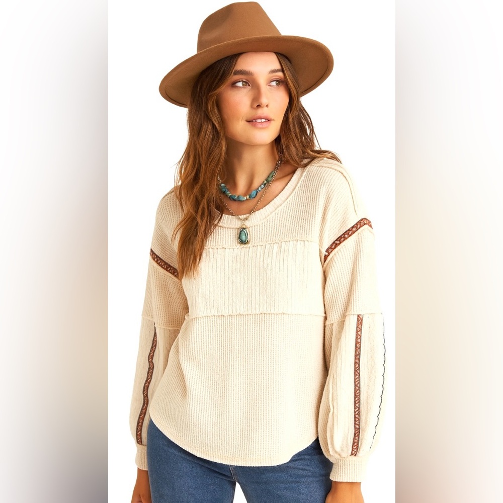 🌿 POL Cream Boho Oversized Waffle Knit Top with Embroidered Sleeve‎ Detail 🌸